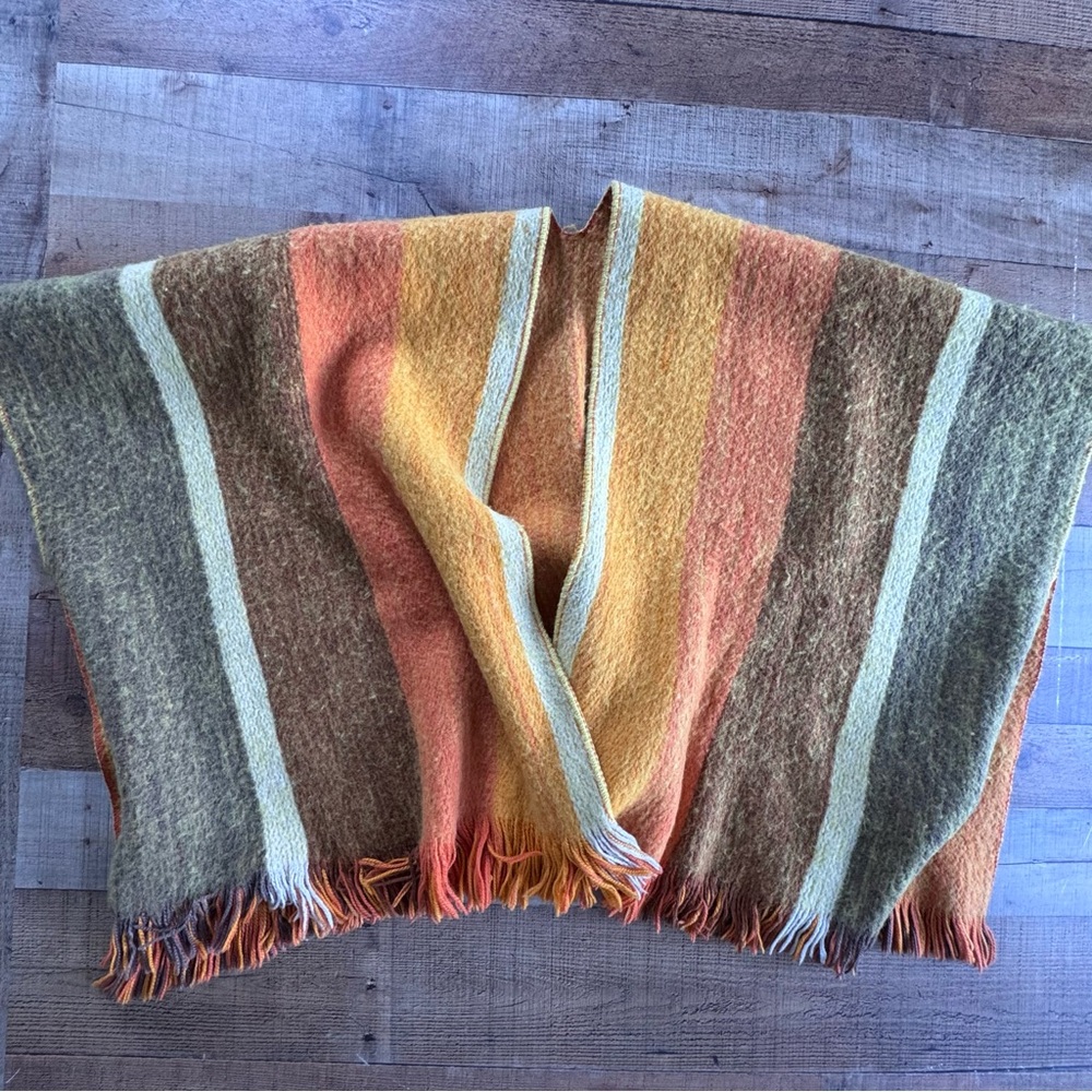 100% Wool Ruana Poncho Fringe Textiles Roka Earthy Orange Stripes ONE SIZE ADULT